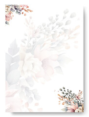 Arrangement of nude peony flowers and leaves at corner frame hand painting on wedding invitation card
