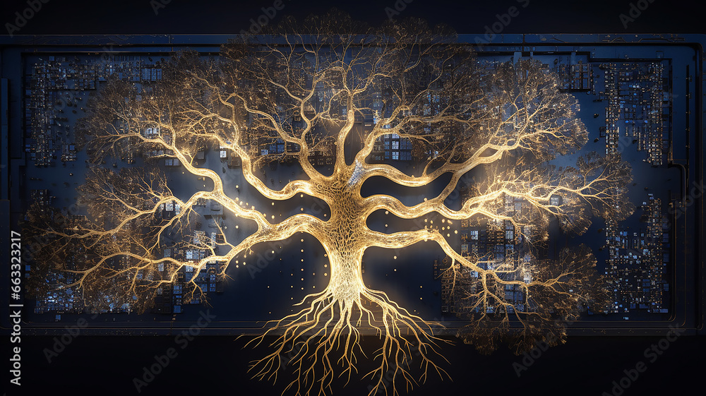 Poster background concept is artificial intelligence, a symbol of nature and growth, a tree of life and a b
