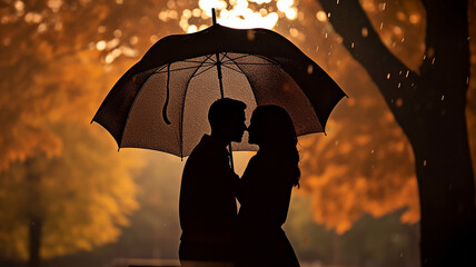 autumn evening in a rainy park lovers with an umbrella, silhouette of a couple on a walk