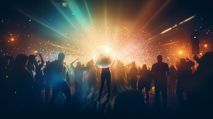 Fototapeta na wymiar abstract background disco nightclub mirror disco ball with rays of light, silhouette of a crowd of people in the spotlight, and a musical performance, fictional
