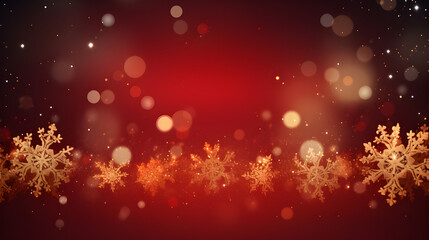 Merry Christmas and Happy new year,Holidays, birthday greeting card, frame, banner with gold snowflakes and snow bokeh glitter light on red background
