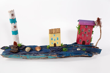 Interior decor in the marine style. Blue wooden chests