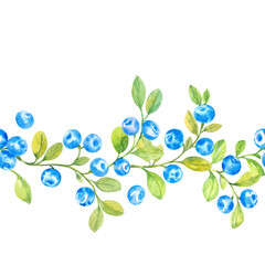 Obraz premium Horizontal border with blueberries, watercolor illustration