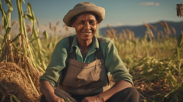 Hardworking and happy ethnic farmer in crops plantation work. Fair trade concept. Supporting sustainable farming practices and ethical sourcing. Labor in tea fields with healthy work conditions.
