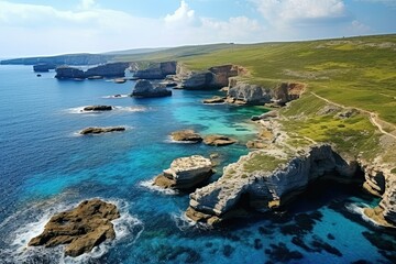 Landscape with blue lagoon at Malta island. Generative ai art.