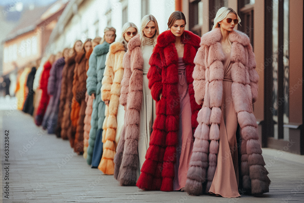 Wall mural Winter fashion show collection. Fashion models walking in a row in a stylish trendy fur coats outfits. Fashion week runway. Street style