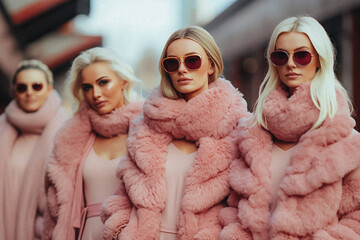 Winter fashion show collection. Fashion models posing in a row in a stylish trendy fluffy pink fur coats outfits. Fashion week runway. Street style - obrazy, fototapety, plakaty