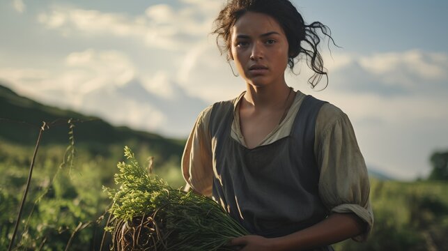 Hardworking ethnic female farmer in crops plantation work. Fair trade concept. Supporting sustainable farming practices and ethical sourcing. Woman as labor in tea fields.