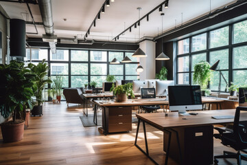 Modern open light office with wood floor plants desks computers - obrazy, fototapety, plakaty