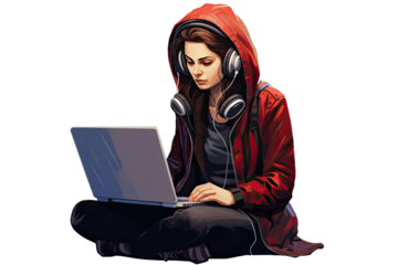 A young woman programmer, developer in a hood, sitting at a table and working on a laptop.