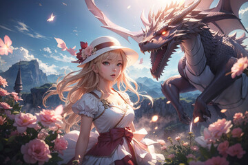 An illustration of a blonde woman with a dragon in an anime style. - obrazy, fototapety, plakaty