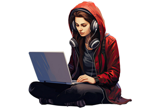 A young woman programmer, developer in a hood, sitting at a table and working on a laptop.