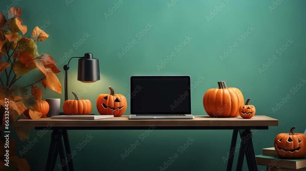 Aufkleber a computer on a desk with pumpkins around it and a lamp. generative ai