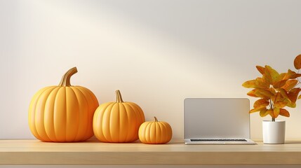  a laptop computer sitting on top of a wooden table next to pumpkins.  generative ai