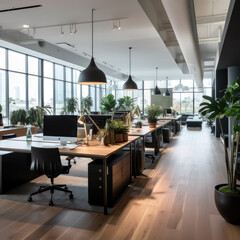 Modern open light office with wood floor plants desks computers