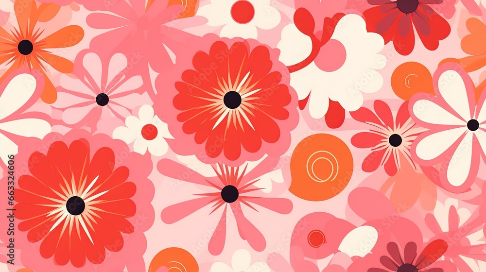 Poster a flowery pattern with many different colors and shapes on a pink background. generative ai