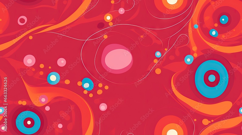 Poster a red and blue abstract background with circles and dots on it. generative ai