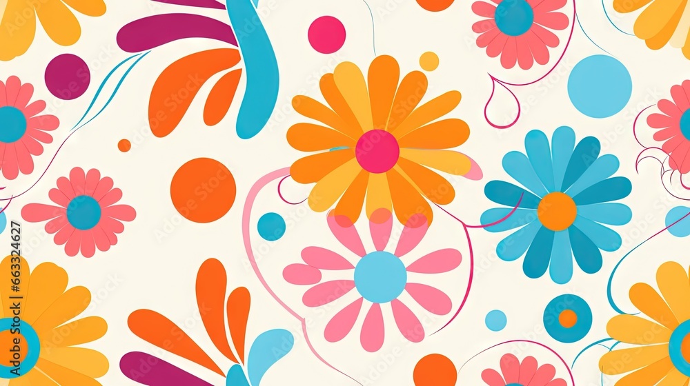 Poster a colorful flower pattern with circles and dots on a white background. generative ai