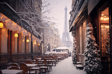 A street in Paris under the snow in winter, Eiffel tower in the background, Christmas in Paris...
