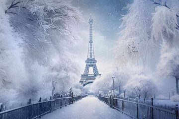 Eiffel tower and tree in Paris under the snow in winter, white snowy cityscape, Christmas in Paris illustration imagined by AI