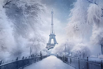 Gordijnen Eiffel tower and tree in Paris under the snow in winter, white snowy cityscape, Christmas in Paris illustration imagined by AI © Delphotostock