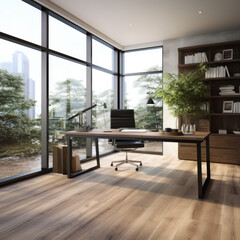 Fototapeta premium Modern open light office with wood floor plants desks computers