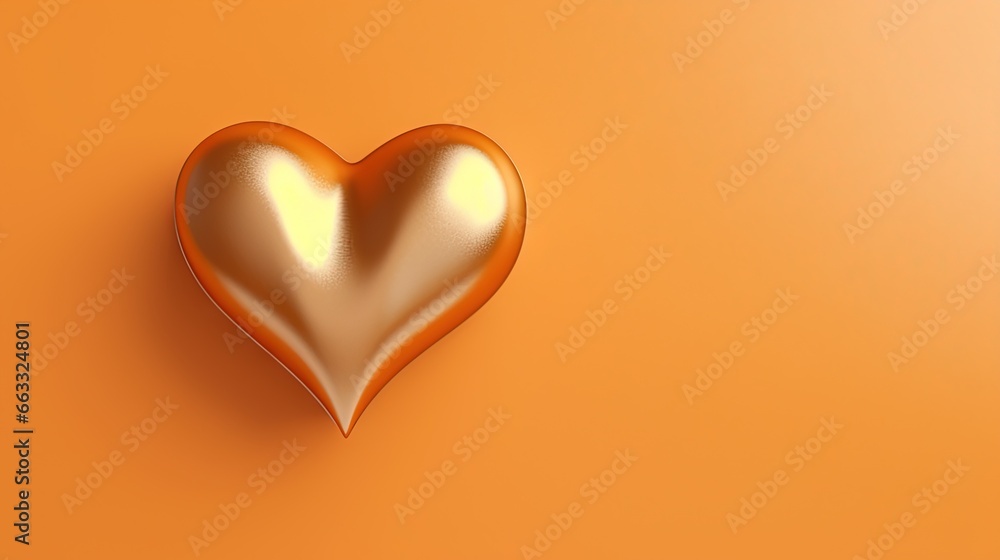 Poster a golden heart shaped object on an orange background with a shadow. generative ai