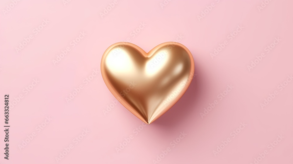 Poster a gold heart shaped object on a pink background with a shadow. generative ai