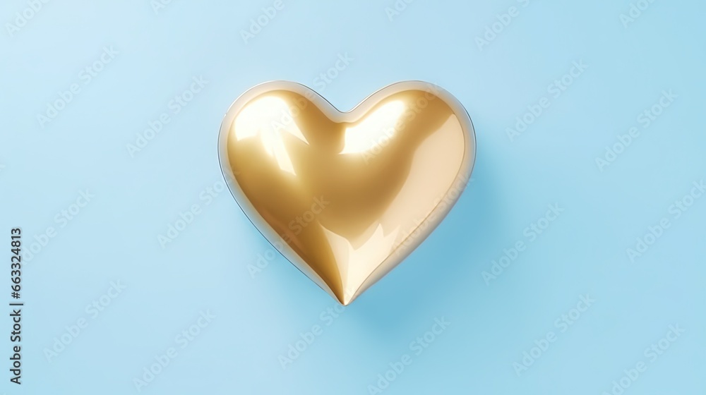 Poster a gold heart shaped object on a blue background with a shadow. generative ai