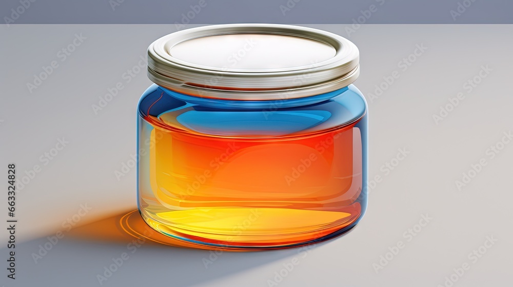 Poster a jar with a liquid inside of it on a table. generative ai