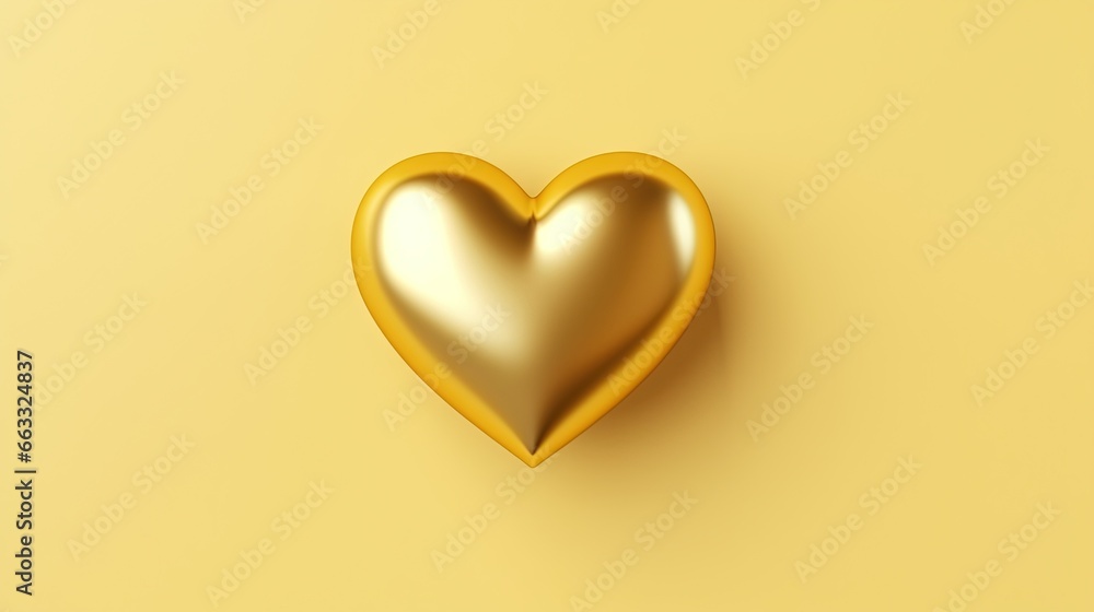 Poster a gold heart shaped object on a yellow background with a shadow. generative ai