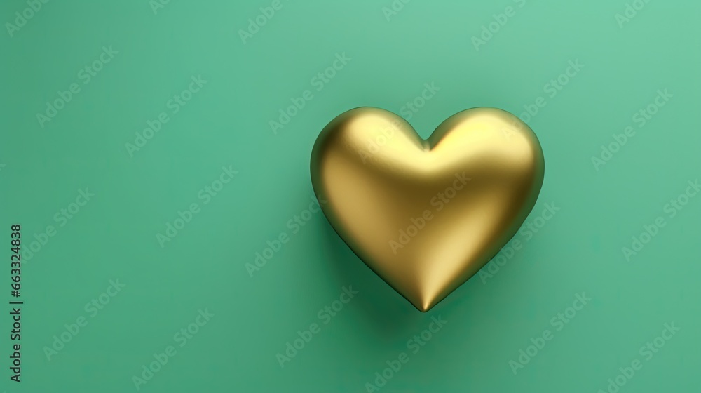 Poster a gold heart shaped object on a green background with a shadow. generative ai