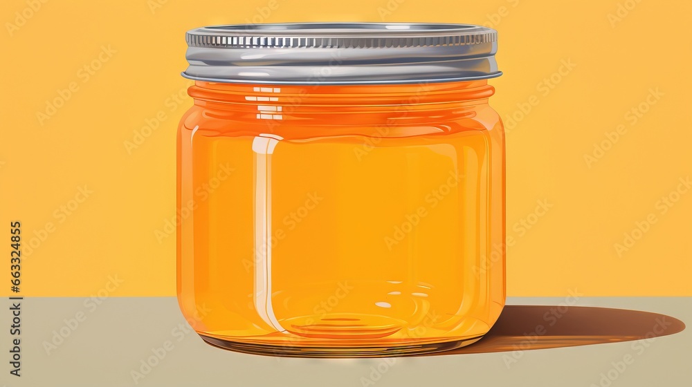 Poster a glass jar with a lid on a yellow background with a shadow. generative ai