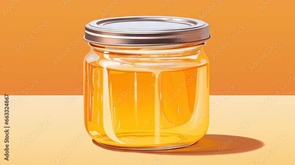Poster a jar of honey sitting on a table with a yellow background. generative ai