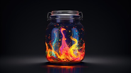  a glass jar with a colorful liquid inside of it on a black background.  generative ai - obrazy, fototapety, plakaty