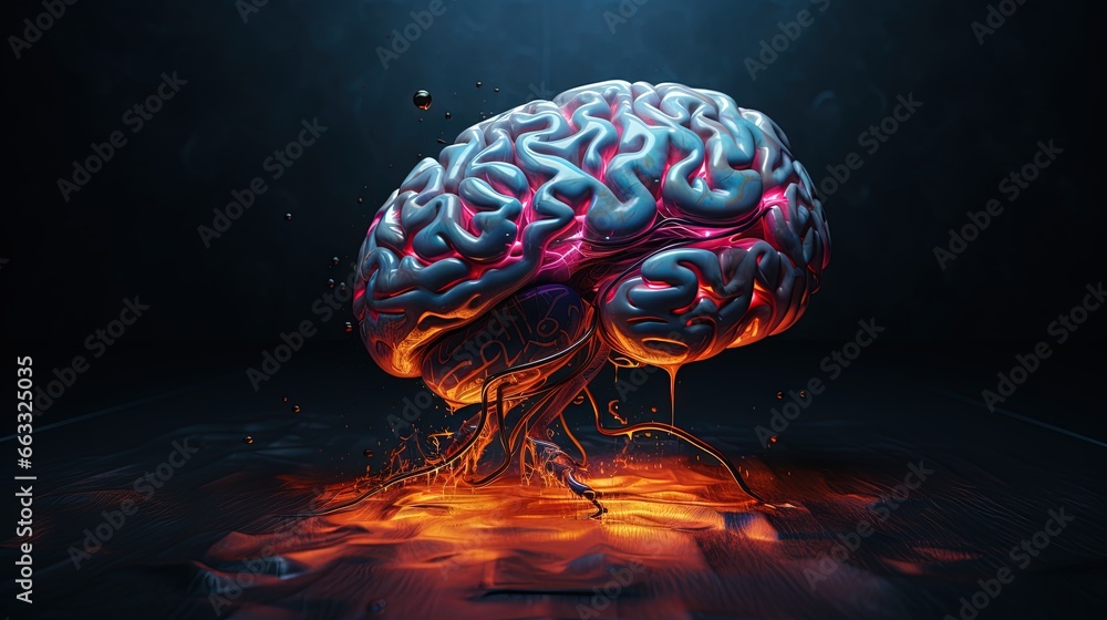 Poster a computer generated image of a human brain in a dark room. generative ai