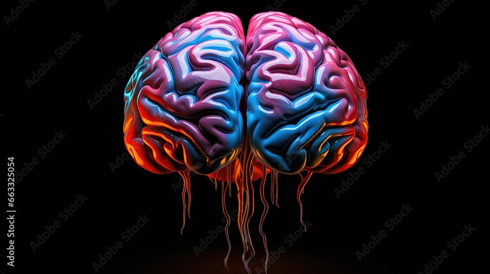 Poster a computer generated image of a human brain with blood flowing down the side of the brain. generativ