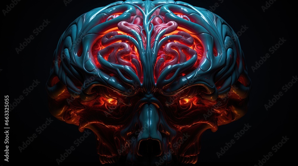Poster a human head with a red and blue pattern on it. generative ai