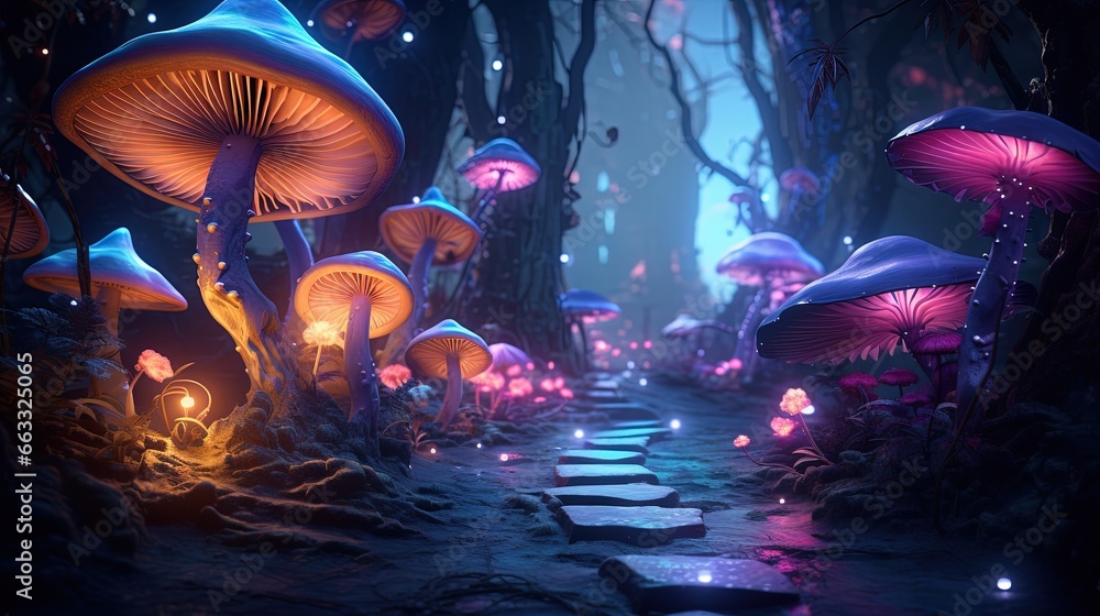 Aufkleber a path in a forest with glowing mushrooms and lights on the ground. generative ai