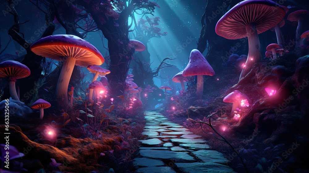Poster a path through a forest with glowing mushrooms and a pathway. generative ai