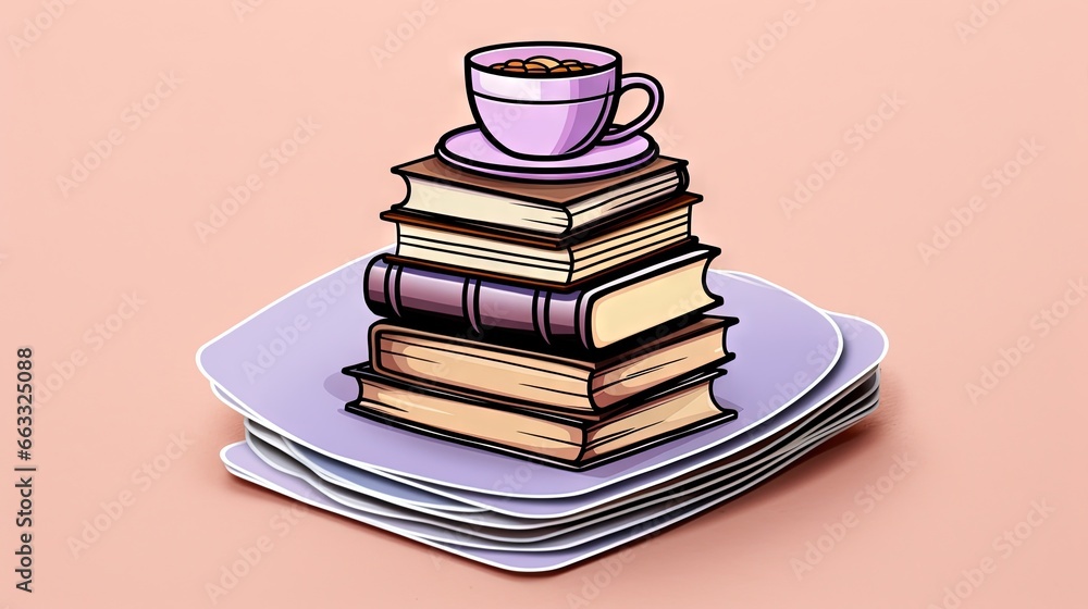 Poster a stack of books with a cup of coffee on top. generative ai