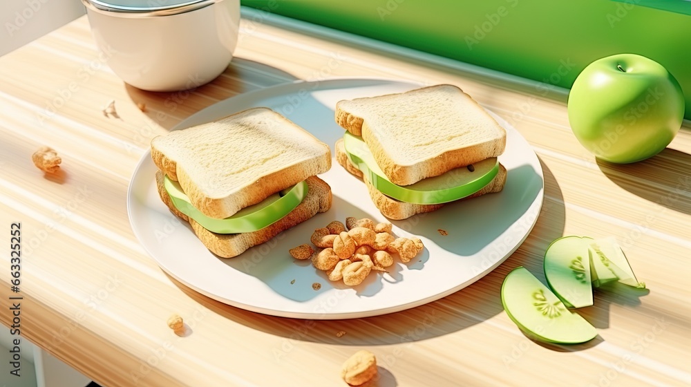 Aufkleber a sandwich on a plate with nuts on a table next to an apple. generative ai
