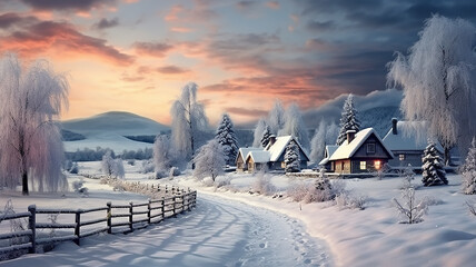 Christmas. new year card illustration winter landscape small houses in the snow, postcard winter view abstract small town or village