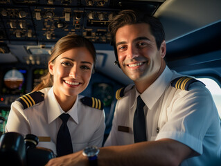 Two colleagues Pilots make selfie in cabin of airplane. Smiling woman and man pilots portraits. Aircrew, occupation concept