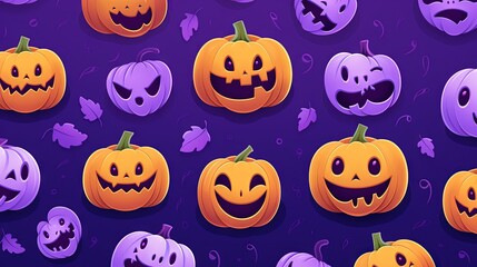  a group of pumpkins with faces on them on a purple background.  generative ai