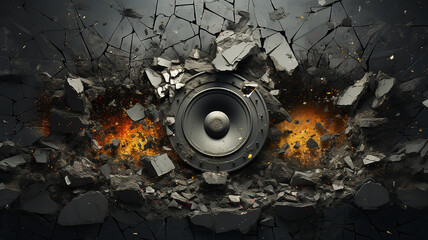 loud background music, cracks on the destroyed speaker from the powerful loud sound of music, abstract fictional background computer graphics - obrazy, fototapety, plakaty