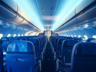 Fototapeta premium Commercial empty airplane cabin inside view. Aircrew, occupation concept