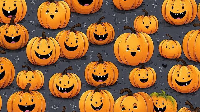  a large group of pumpkins with faces and mouths on them.  generative ai