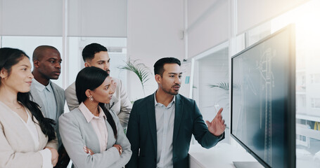 Presentation, renewable energy and sustainability with business people in meeting for planning, engineering and environment. Technology, research and windmill with employees in office for workshop - obrazy, fototapety, plakaty