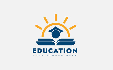 Education Logo Design Template. Concept For Book, Sun, Human Hat. Vector Illustration